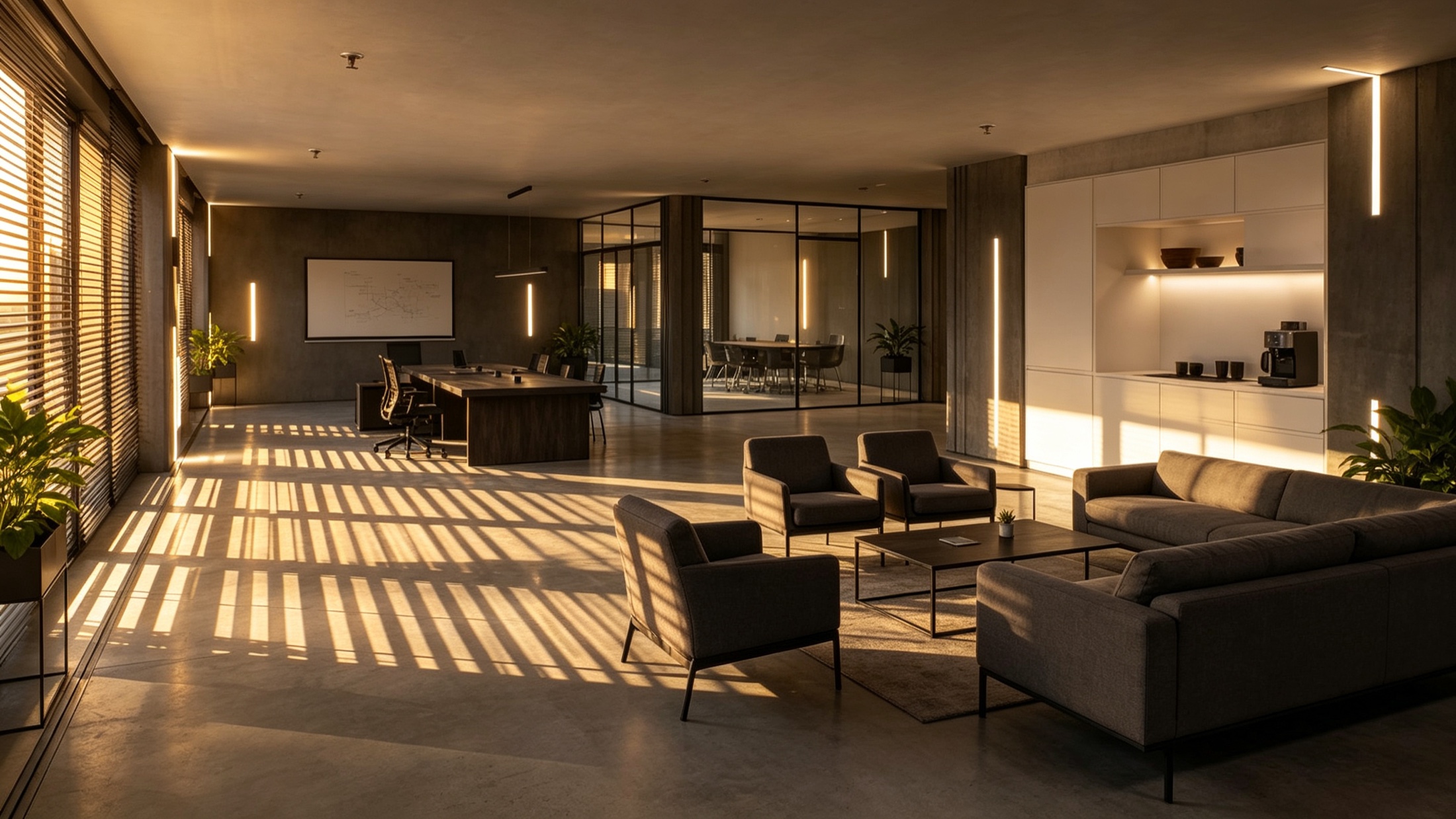 A contemporary office and lounge illuminated by long bands of golden evening light