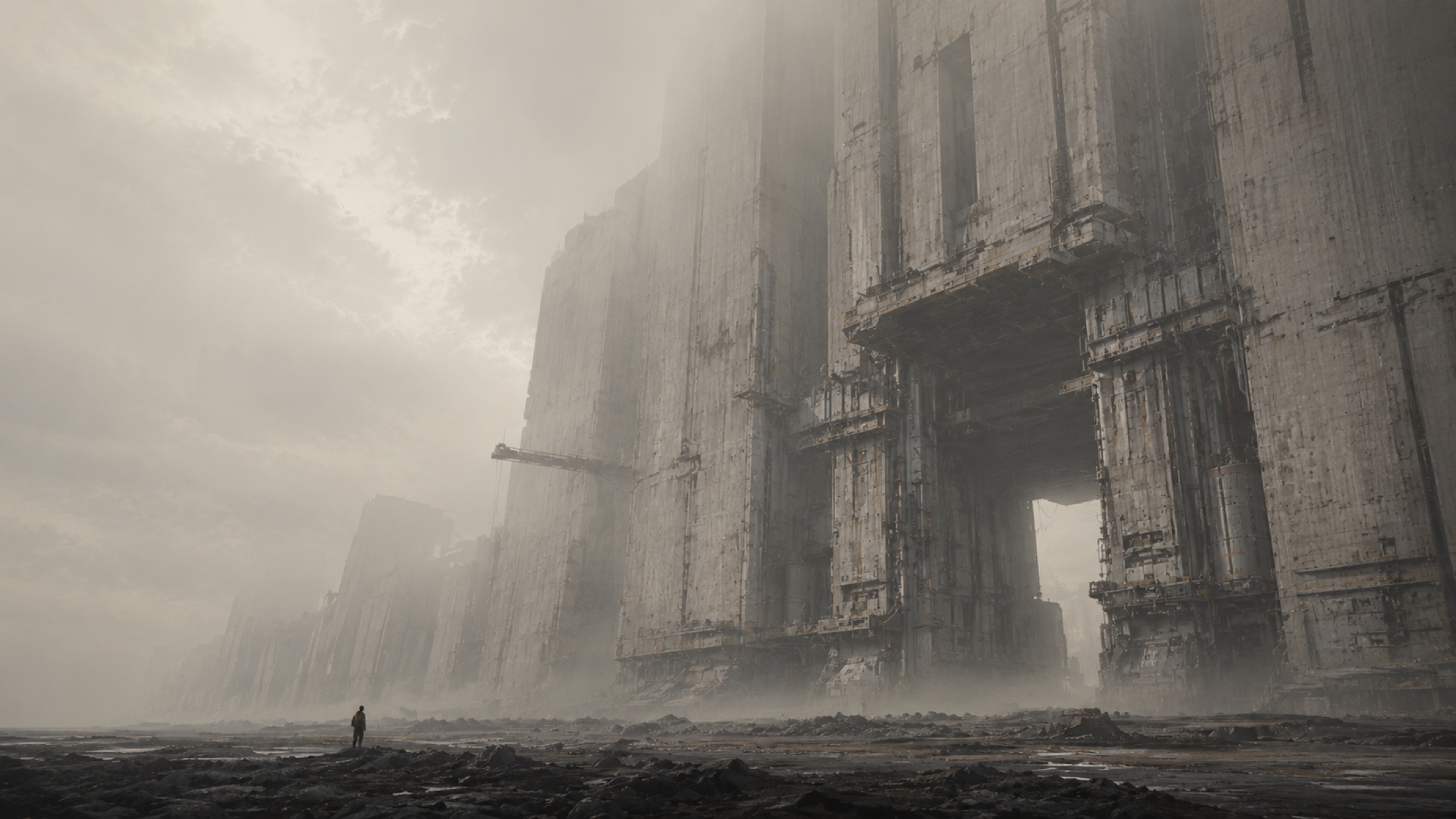 A lone figure standing before an immense weathered futuristic structure in mist