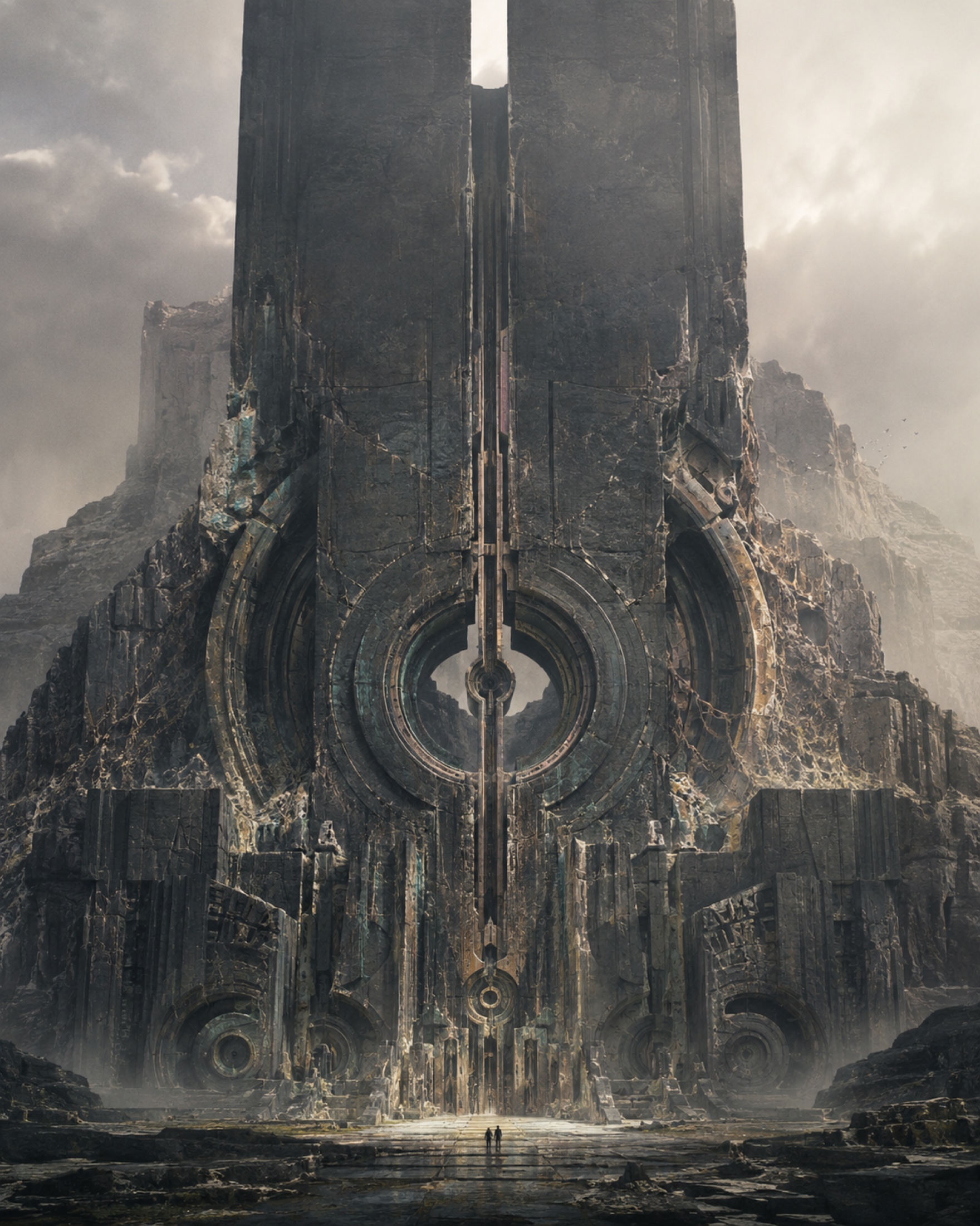 A monumental dark stone gateway with circular mechanical forms and two tiny figures below