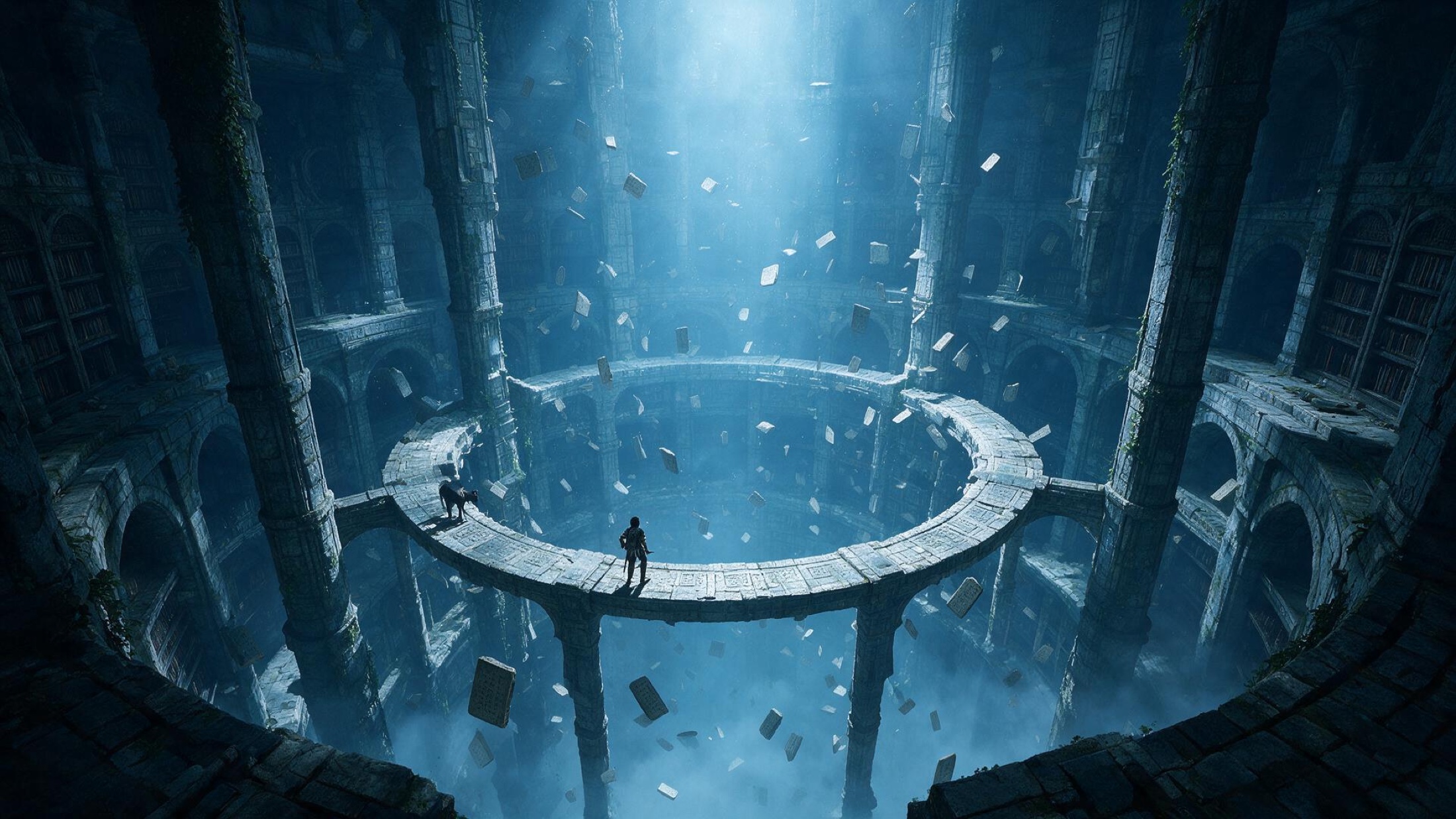 A blue-lit circular ruined library with floating pages and a lone explorer