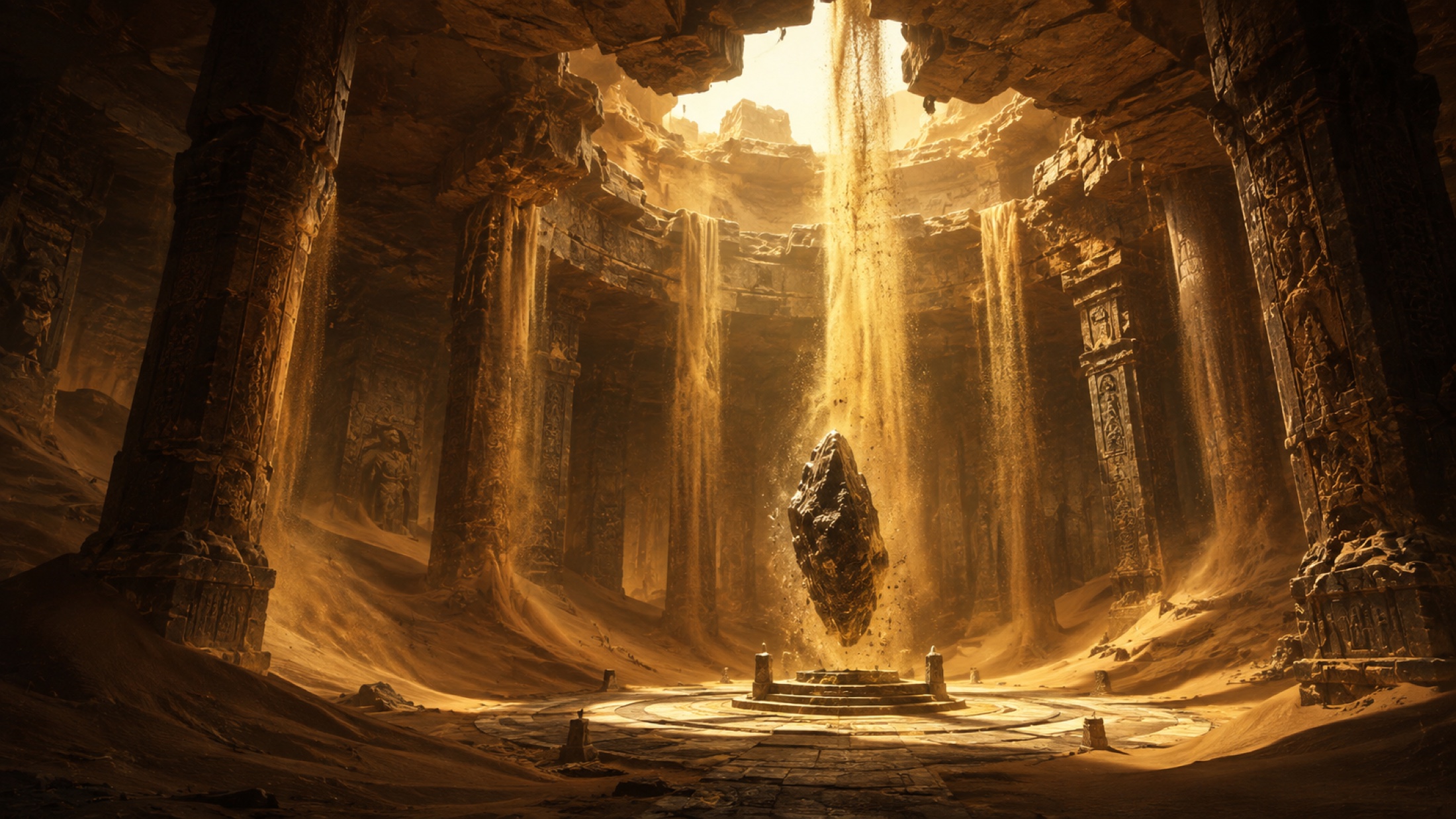 An amber-lit subterranean temple with a dark relic levitating beneath falling sand