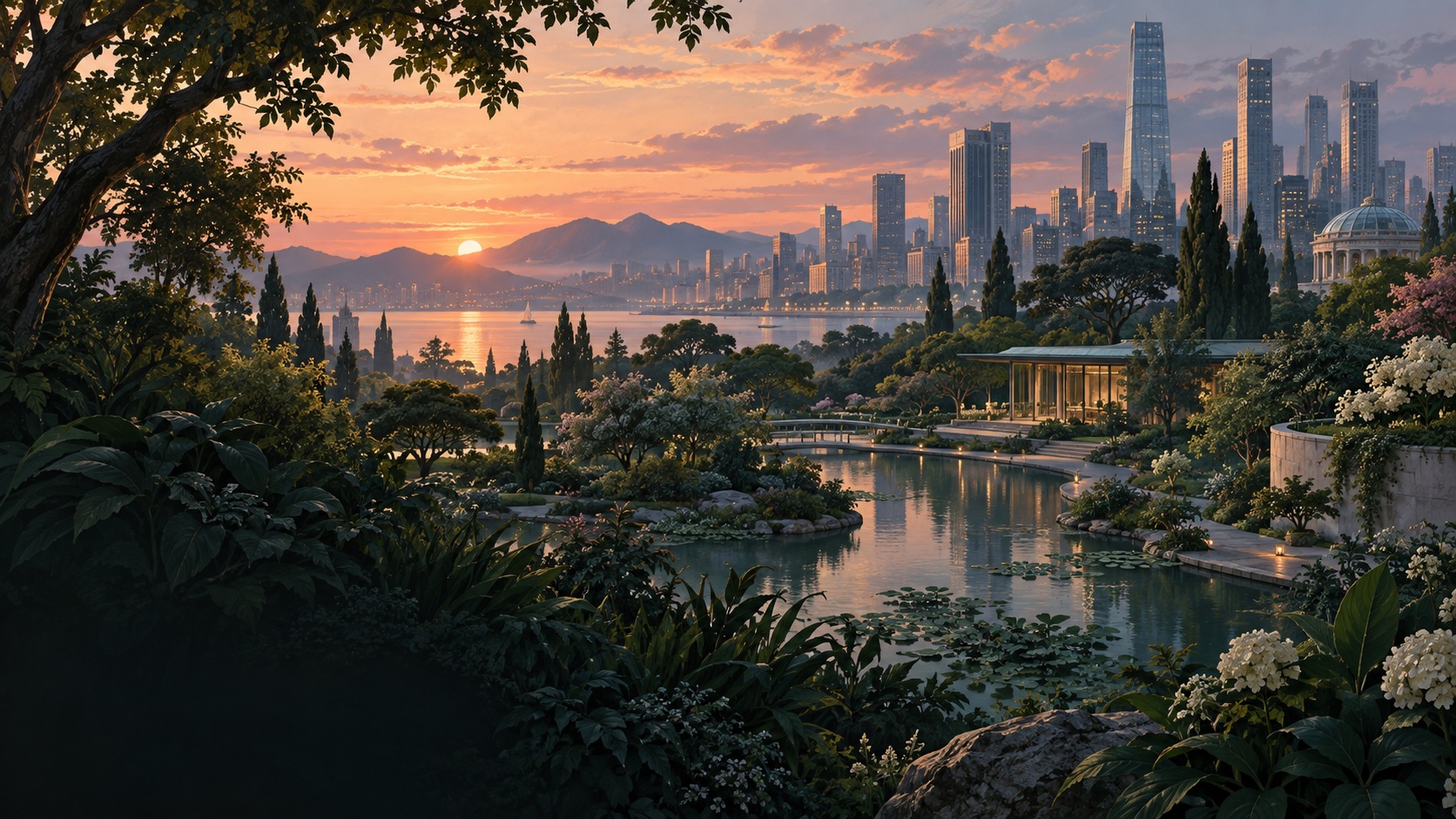 Illustrated urban garden at dusk