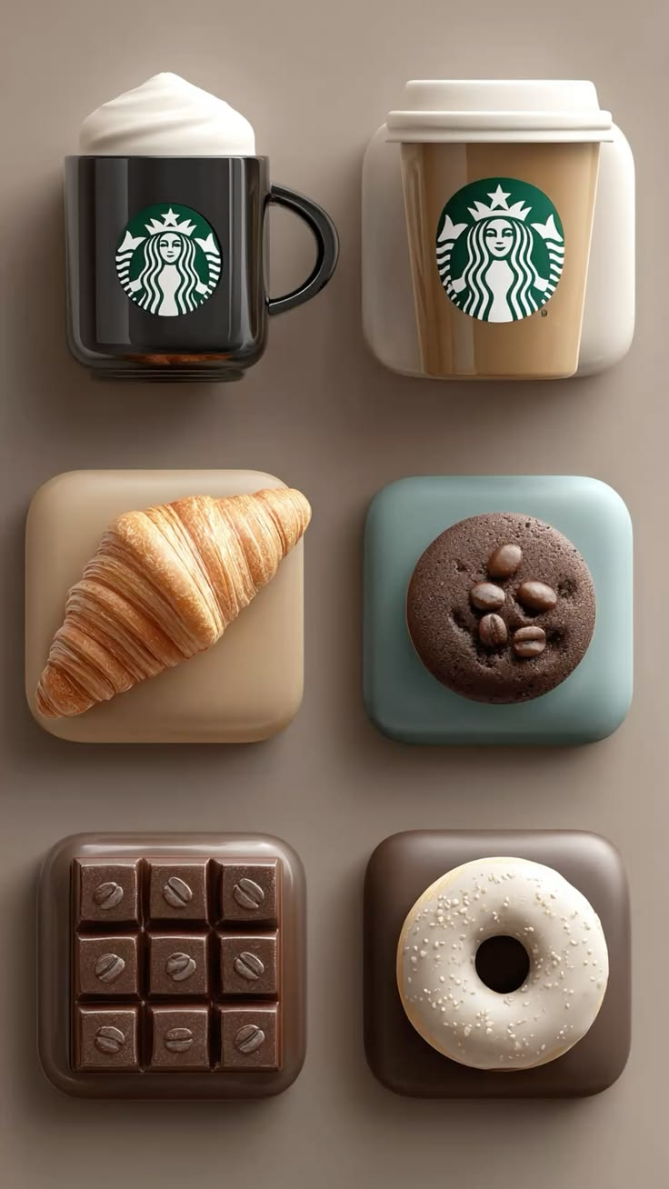 Dimensional coffee and pastry icons arranged in a mobile interface grid