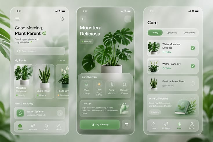 Three translucent mobile screens for a plant care application